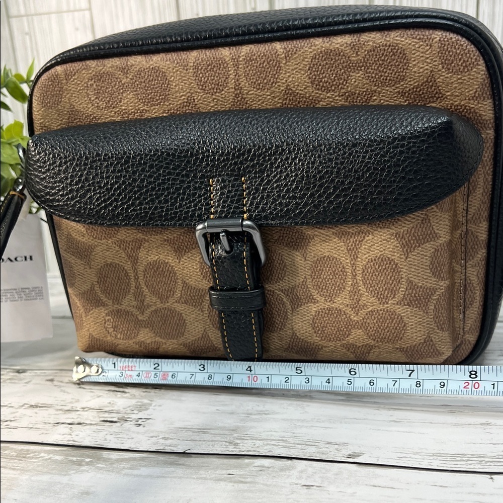 Coach Signature Canvas Brown Black Leather Trim Crossbody Bag - Picture 12 of 14